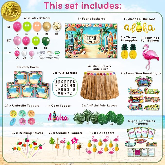 180 pc Premium Luau Party Decorations Set – Hawaiian Birthday Party Decor with Balloons, Backdrop, Table Skirt, Toppers & More – Tropical Aloha Themed Supplies for Indoor & Outdoor Celebrations