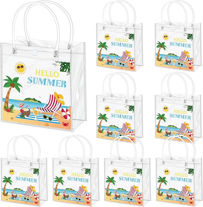 H1vojoxo Hello Summer Gift Bags - 24PCS Sunny Beach Clear Gift Bags with Handles 7.87 x 3.2 x 7.87 Inch Reusable PVC Plastic Transparent Waterproof Tote Bag for Summer Party Birthday Party Supplies
