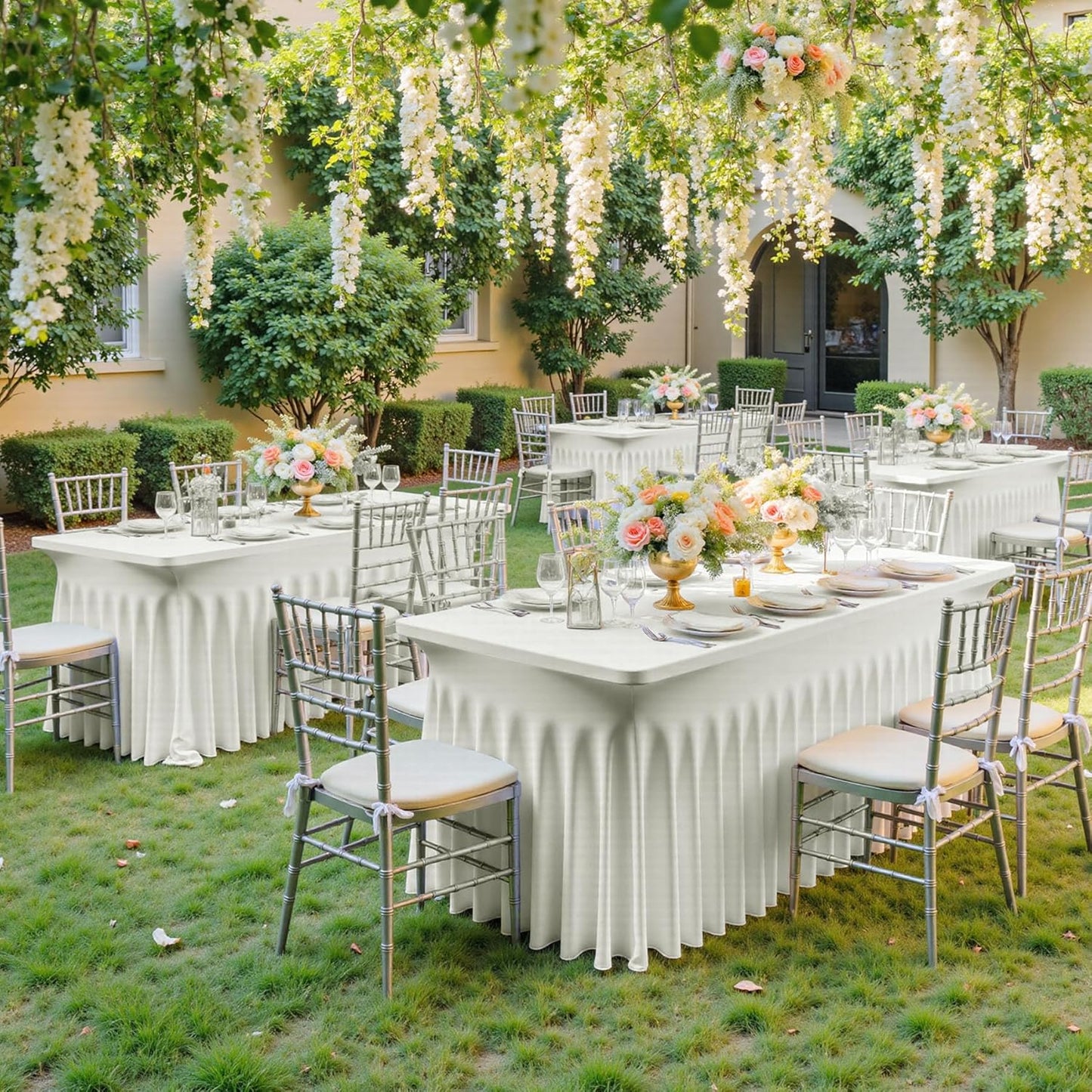 NSSONBEN 2 pk Ivory Spandex Tablecloth for 8 Foot Rectangle Tables,Wrinkle Free High Stretch Cream Fitted Tablecloths with Ruffle Skirt, Elastic Spandex Table Covers 8ft for Parties Weddings Banquet