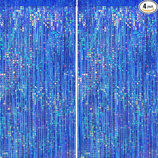 4 Packs Blue Foil Fringe Curtain, Navy Blue Metallic Tinsel Backdrop for Birthday, Wedding, Baby Shower, Bachelorette, Graduation, Galaxy Space Party Decorations Supplies