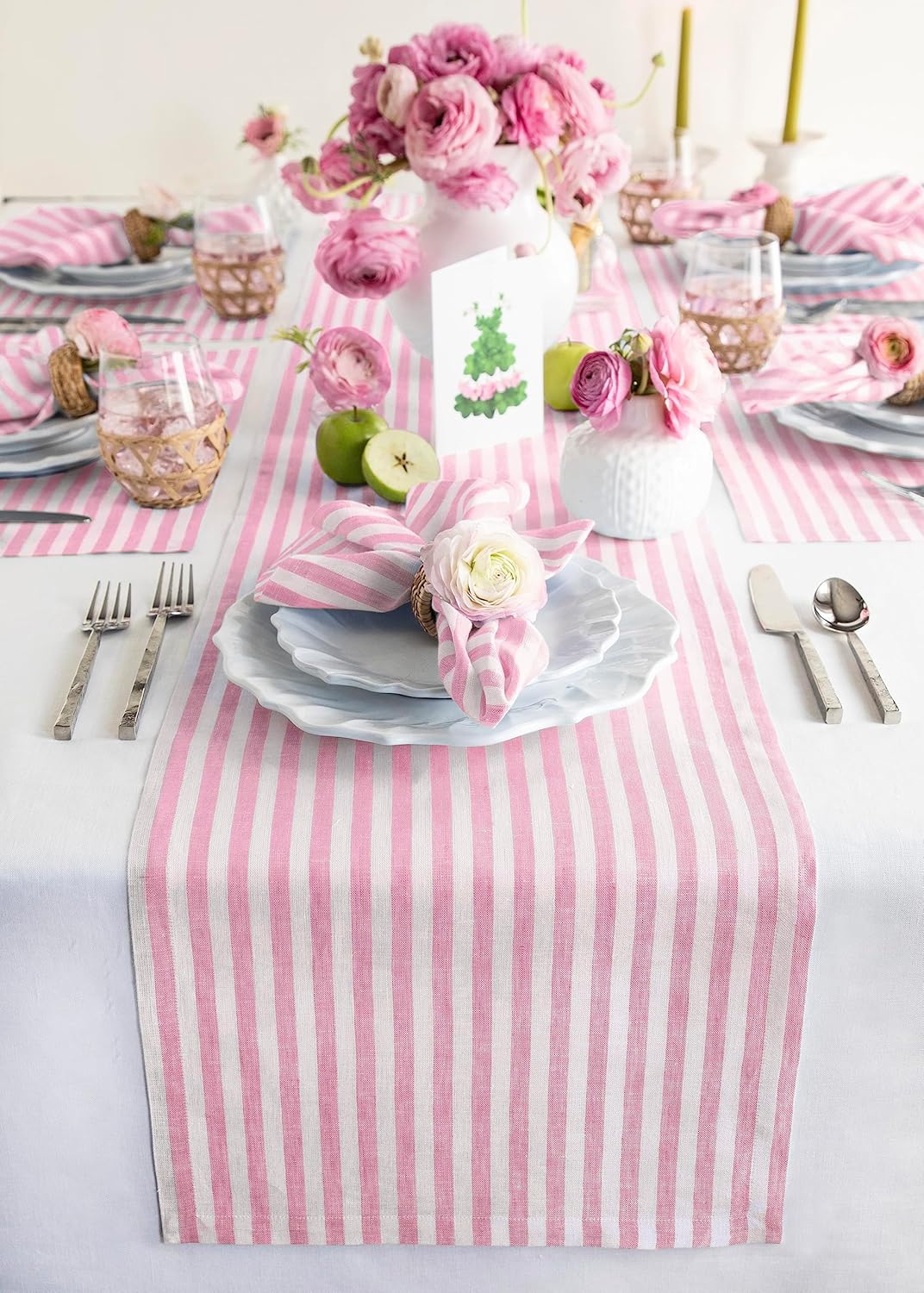 Solino Home Linen Table Runner 120 Inches Long - Amalfi Stripe, 100% Pure Linen Cherry Blossom and White Table Runner 14 x 120 Inch for Dining