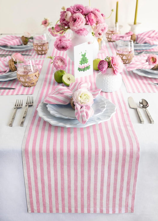Solino Home Striped Linen Table Runner 36 Inches - Amalfi Stripe, 100% Pure Linen Cherry Blossom and White Small Table Runner 14 x 36 Inch Ideal for Dresser and Coffee Tables