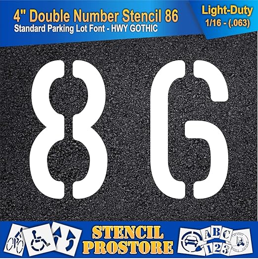 Pavement, Curb, and WheelStop Stencils - 4 inch Double Number Stencil - (86) - 4" x 5.5" x 1/16" (63 mil) - Light-Duty