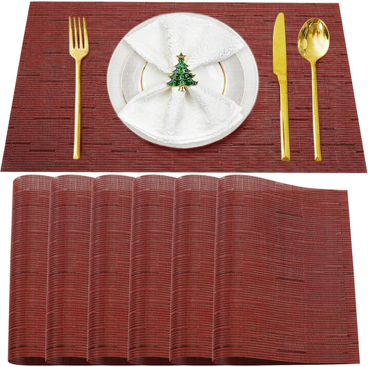 Placemats Set of 6,Washable,Heat and Stain Resistant Indoor/Outdoor Place mats,Vinyl Woven Non Slip Table Mats for Restaurant Table Protection,PVC Placemats(Red,6PCS)
