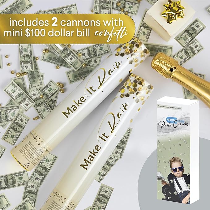 PrimePure Confetti Cannon Party Poppers - Biodegradable Money Confetti Poppers - 2 Pack - Mini 100 Dollar Confetti Party Poppers Shooters for Events, Birthday, Celebrations