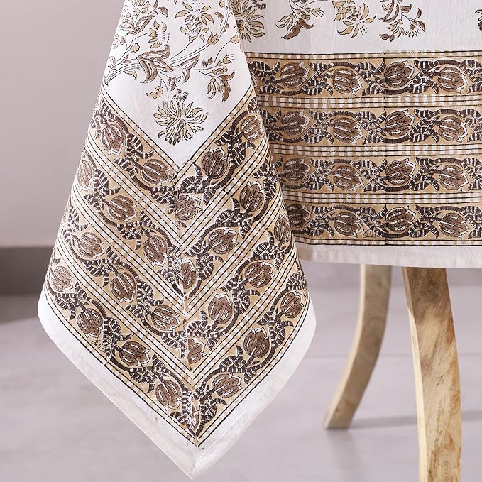 Labhanshi Indian Handblock Print Pre-Washed Cotton Floral 60x90 Inch Rectangle 6-Seater Tablecloth|Rustic Farmhouse Decorative Party Event Wedding Spring Easter Festive Holiday Decor|Beige Brown