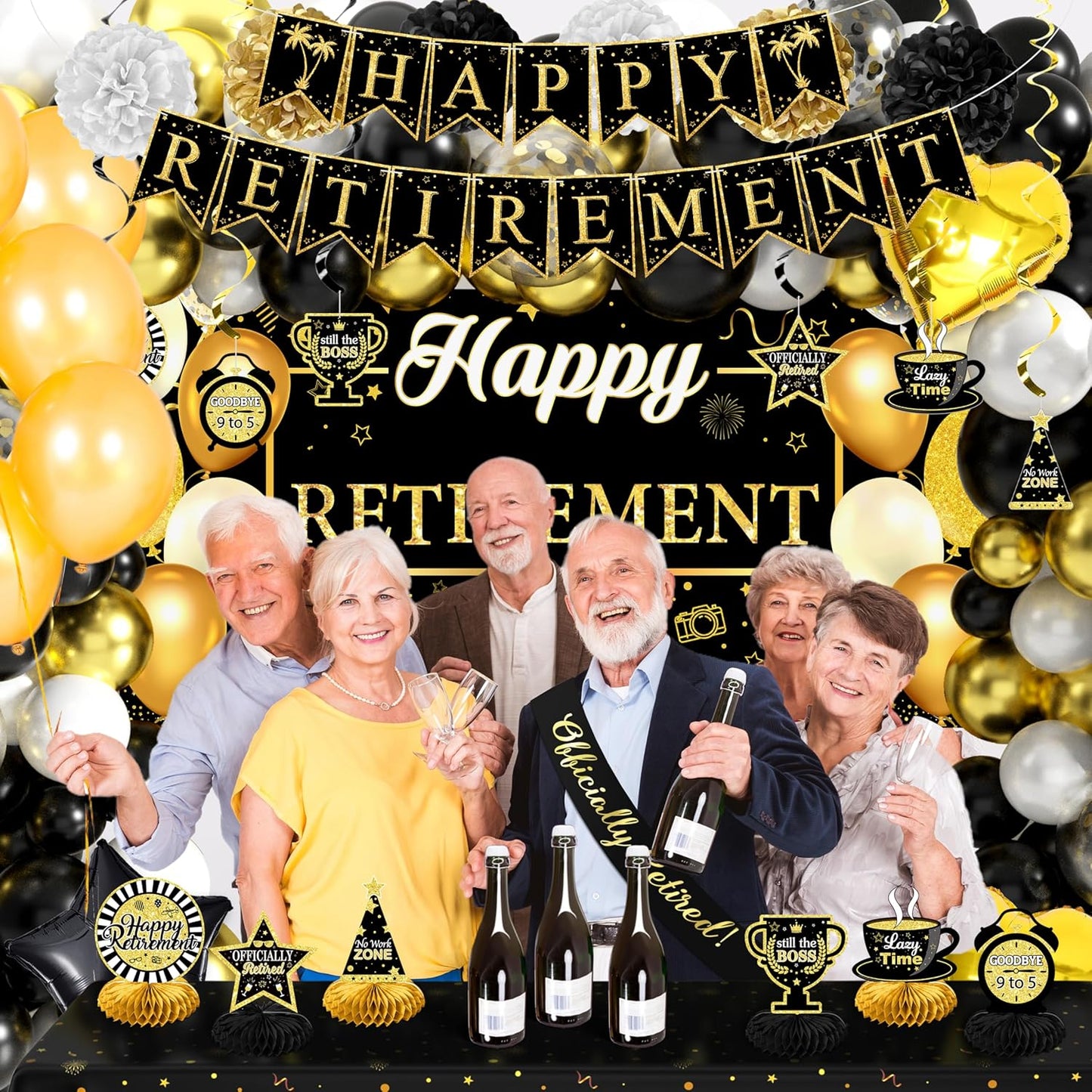 Retirement Party Decorations for Men Women 109Pcs Black Gold Happy Retirement Decorations Retired Banner Backdrop Balloons Sash Hanging Swirls Pompoms Tablecloth Honeycomb Centerpiece(Black Gold)