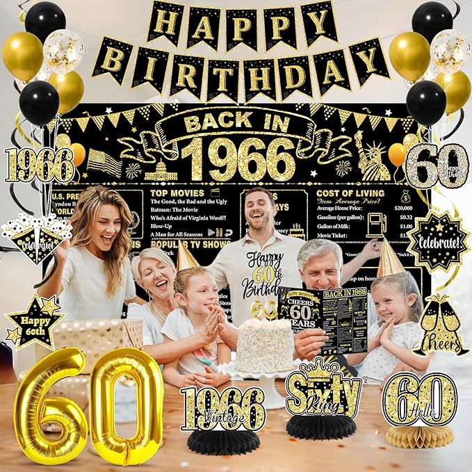 60th Birthday Decorations for Men, Black Gold Back in 1966 Party Supplies with Banner, Backdrop, Sash, Balloons, Cake Topper, Honeycomb Centerpieces, Happy 60th Birthday Decorations Kit