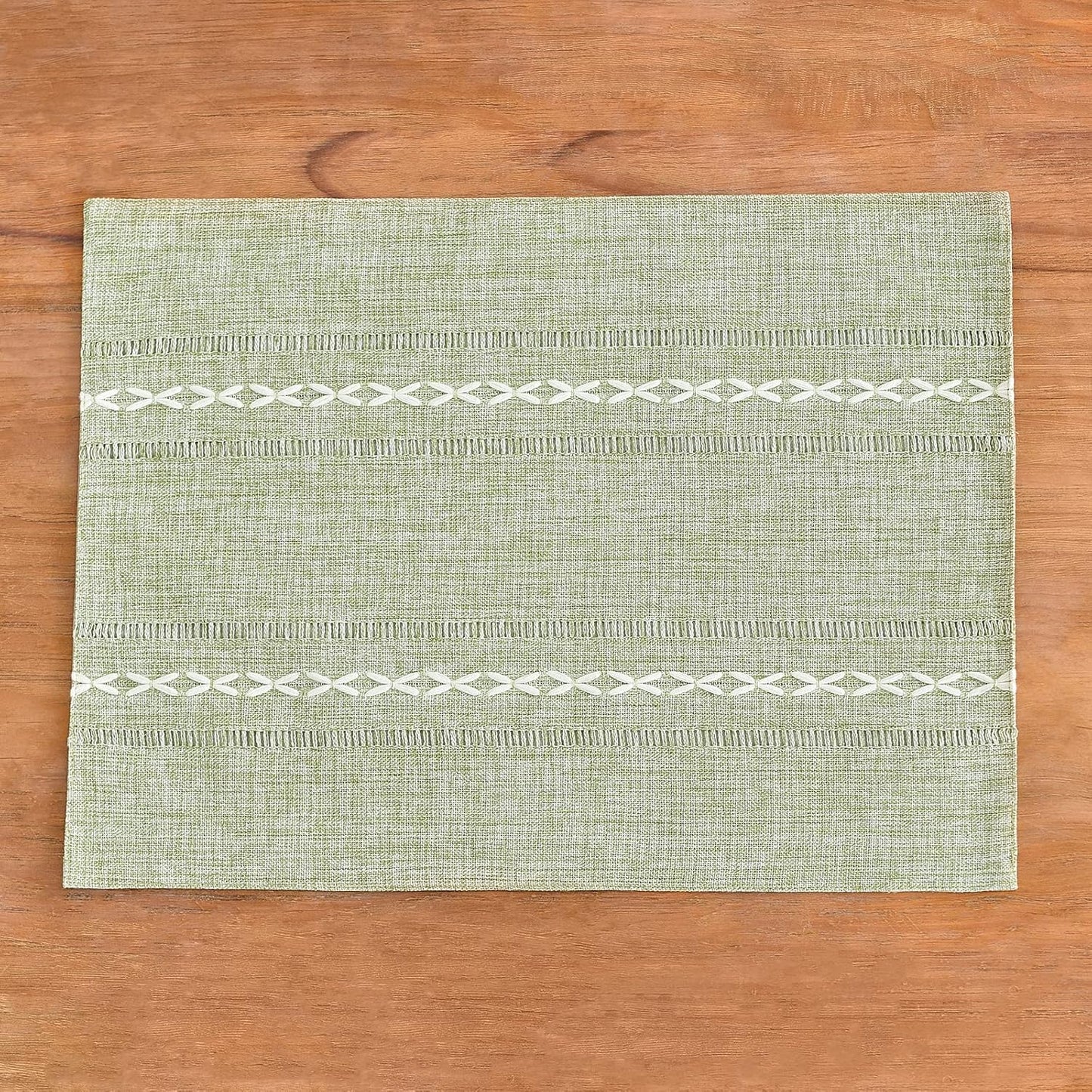 Wracra Cotton Linen Placemats, 14 x 19 Inch Set of 8 Placemats Rustic Hemstitch Place Mats for Kitchen Table and Heat Resistant-Hemstitch Sage Green