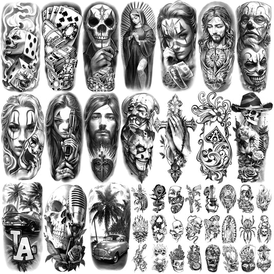Yazhiji Waterproof Temporary Tattoos For Adult, Chicano Large Fake Tattoo Guadalupe Gangster Prisoner Day of the Dead, Lowrider Style Culture Mexico Clown 77 sheets Tattoo Stickers for Men Women
