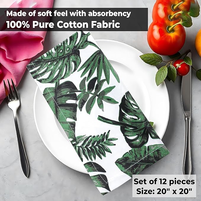 Urban Villa Cloth Napkins Set of 12 20x20 Inches 100% Cotton Napkins Cloth Washable Soft Durable Reusable Absorbent Table Dinner Napkins Cloth for Hotel Lunch Restaurant Weddings Parties - Tropical
