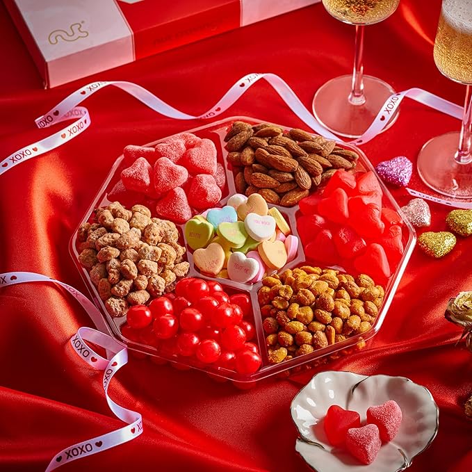 NUT CRAVINGS - Halloween Treats For Adults Mixed Nuts & Heart Candy Gift Basket in Red Gold Box (7 Assortments, 1 LB) Holiday Xmas Christmas Food Arrangement, Healthy Snack Care Package