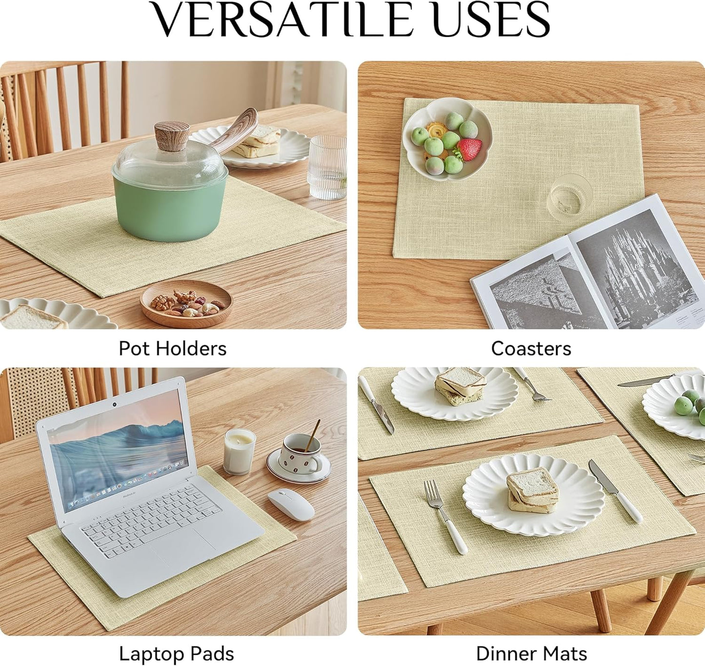 Softalker Faux Linen Placemats Set of 12-12 x 18 Inch, Heat Resistant Double Layered Durable Burlap Farmhouse Place Mats, Non-Slip Washable Rustic Table Mats for Dining, Kitchen, Party（Light Linen
