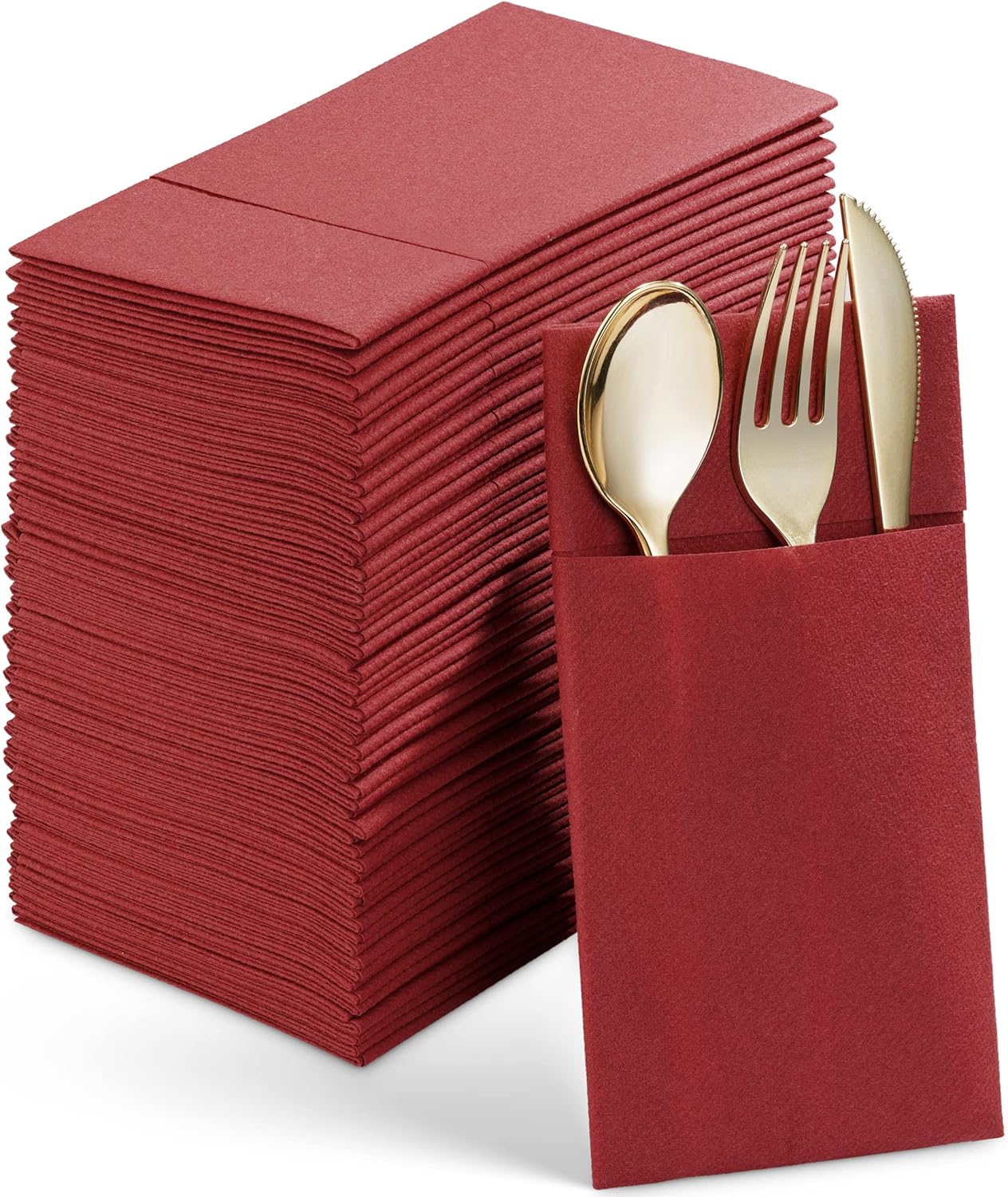 Disposable Linen-Feel Dinner Napkins With Built-in Flatware Pocket, 50-Pack BURGUNDY Prefolded Cloth Like Paper Napkins For Wedding, Dinner Or Party