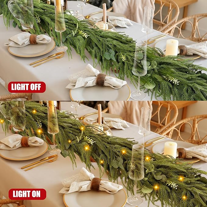 Sggvecsy 6Ft Christmas Fork Norfolk Pine Garland Artificial Christmas Garland Real Touch Pine Greenery with Eucalyptus for Table Wall Mantle Indoor Fireplace Home Holiday Decoration (1 Pack)