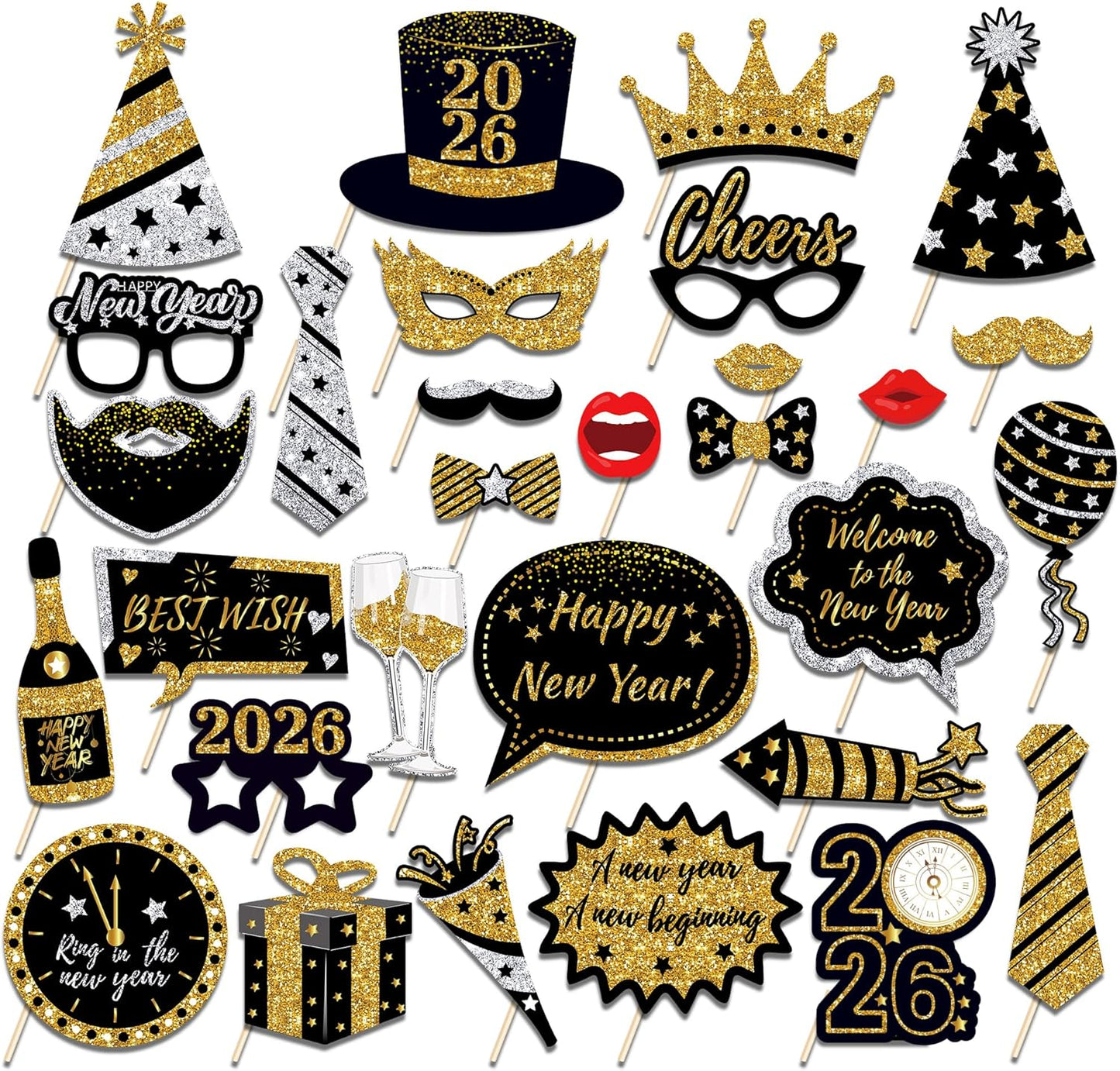 New Years Photo Booth Props 2026 – Pack of 30, Nye | Eve Party Supplies Black Gold New Year’s Eve Photo Prop 2026 Happy News Years Selfie Props Decorations for NYE Party Favor Decorations Supplies