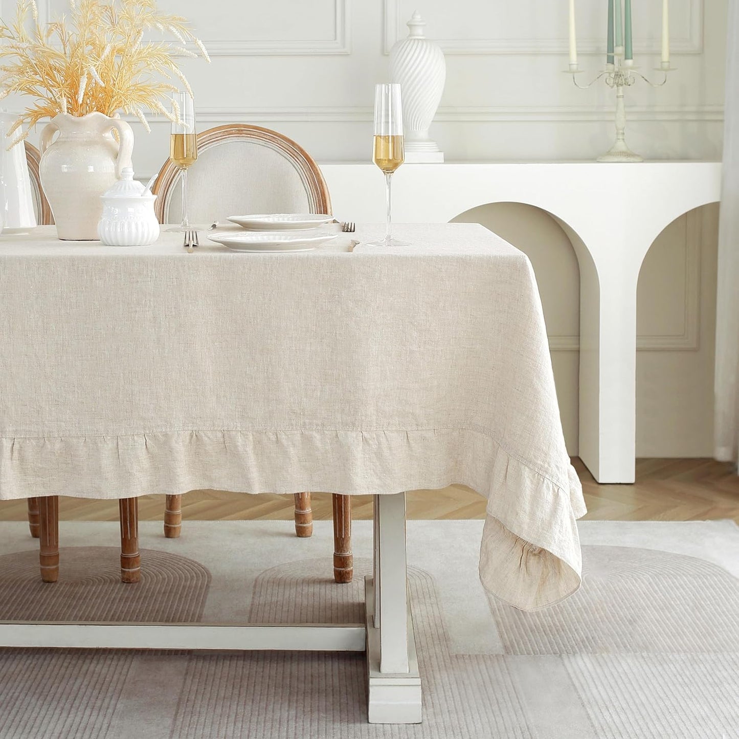 Linen World Ruffle Linen Tablecloth,100% French Linen Natural Tablecloth 120" x 60" Inch,Washable Rectangular Tablecloth for Dining,Outdoor,Weddings and Restaurants,Decorative Thanksgiving Christmas