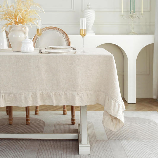 Linen World Ruffle Linen Tablecloth,100% French Linen Natural Tablecloth 120" x 60" Inch,Washable Rectangular Tablecloth for Dining,Outdoor,Weddings and Restaurants,Decorative Thanksgiving Christmas