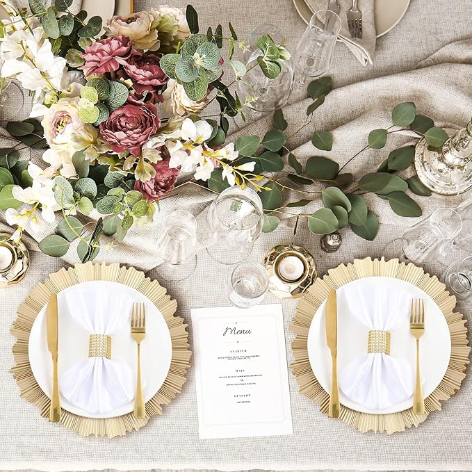 Mifoci 12 Pcs Champagne Gold Charger Plates Bulk 13 Inch Plastic Round Chargers Fluted Edge Dinner Plate Wedding Decoration for Table Setting Wedding Party Event Tabletop
