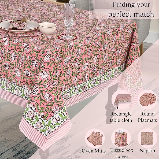 Ridhi Hand Block Print Strawberry Pink Rectangle Cotton Tablecloth 190" x 72" Reusable Table Cover Decorative Everyday Use for Dining, Farmhouse, Home Gift for Spring, Easter, Valentine