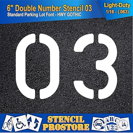 Pavement, Curb, and WheelStop Stencils - 6 inch Double Number Stencil - (03) - 6" x 9" x 1/16" (63 mil) - Light-Duty