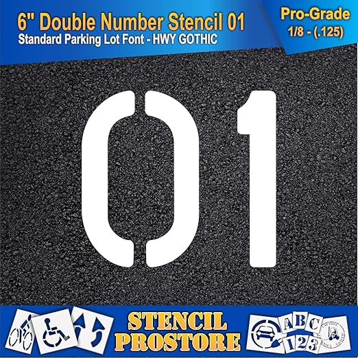 Pavement, Curb, and WheelStop Stencils - 6 inch Double Number Stencil - (01) - 6" x 6" x 1/8" (128 mil) - Pro-Grade