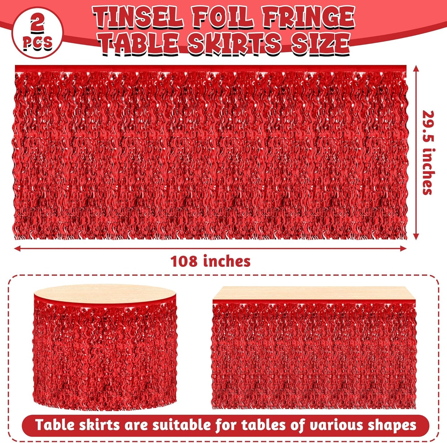 2 Pack Table Skirt, Red Foil Grass Skirt for Table, Christmas Metallic Wavy Tinsel Foil Fringe Table Skirts, Table Curtain Skirts for Valentine's Graduations Wedding Birthday Indoor Party Decorations