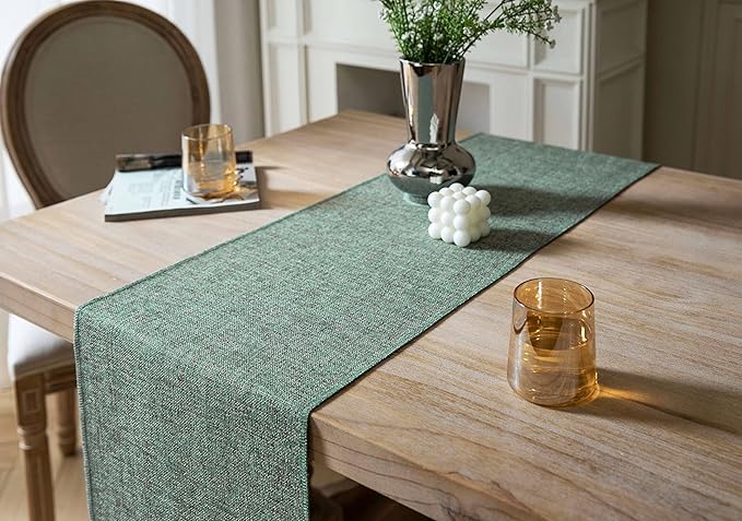 ZeeMart Green Table Runners 90 Inches Long, Burlap Linen Style Rustic Farmhouse Table Runner, Long Boho Dining Table Runner, 13x90 Inches, Mineral Green