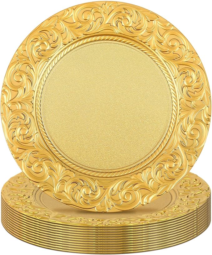 Uiifan 12 Pcs Antique Charger Plates Bulk 13'' Plastic Plate Chargers Decorative Embossed Rim Round Plates for Wedding Party Event Dinner Kitchen Table Setting Decoration (Gold)