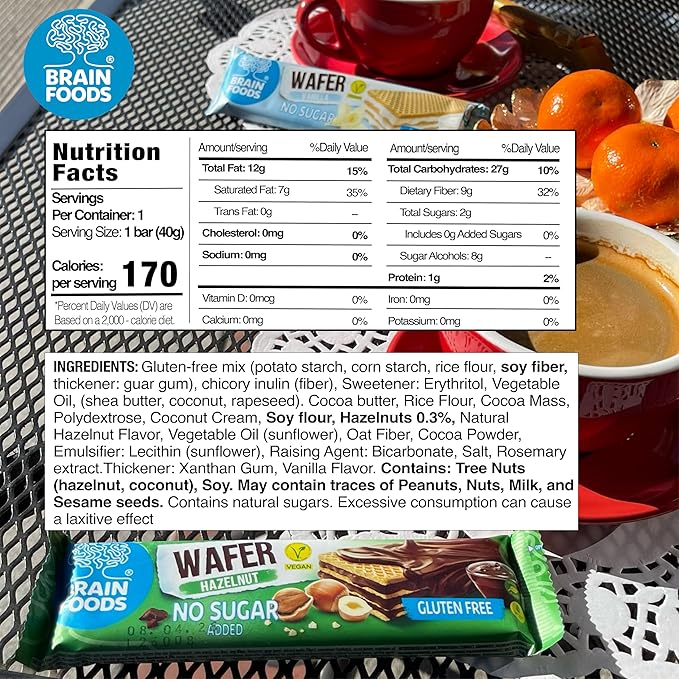 BRAIN FOODS Gluten Free Vegan Chocolate Coated Hazelnut Wafers - 12 Bars, No Sugar Added, High Fiber, No Palm Oil, 1.4 oz, 170 Calories, Guilt Free Snack, Natural Hazelnut Flavor