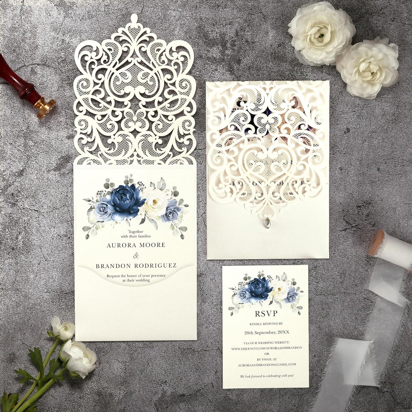 50pcs Laser Cut Wedding Invitations with Envelopes and RSVP Cards Blue and Ivory White, 5x7.3 Personalized Invitation Cards for Wedding, Anniversary Invitations with Rhinestone