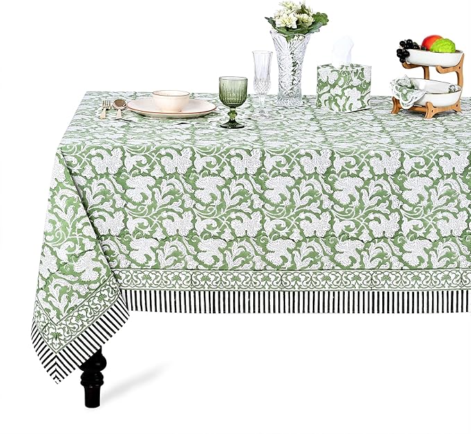 Ridhi Hand Block Print Sage Green Rectangle Cotton Tablecloth 108" x 60" Reusable Table Cover Decorative Everyday Use for Dining, Farmhouse, Home Gift for Spring, Easter, Valentine