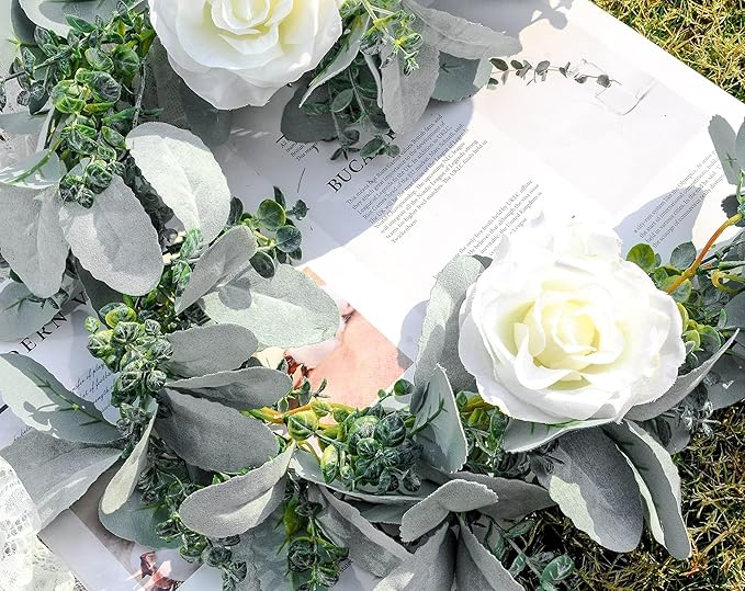 Miracliy 6 Ft Eucalyptus Garland with Flowers, Lambs Ear Greenery White Roses Flower Garland Fake Vines for Wedding Boho Table Mantle Backdrop Party Farmhouse Home Decor