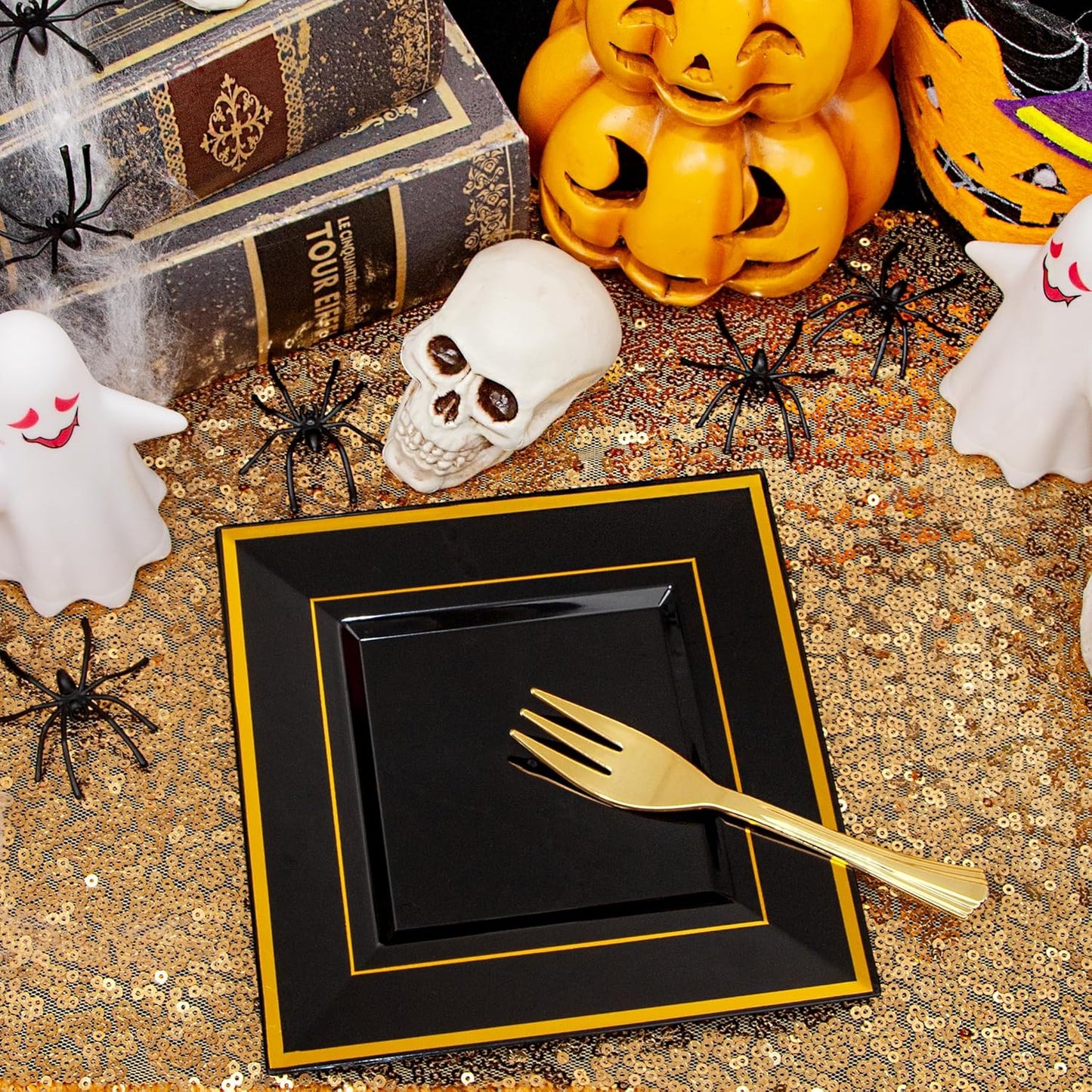 WDF 200PCS Black and Gold Plastic Dessert Plates with Plastic Forks -6’’ 100 Square Disposable Appetizer Plates Small Plate Cake Plate with Gold Rim for Halloween