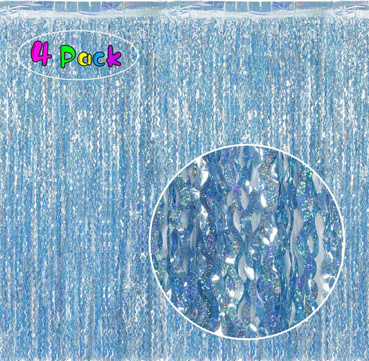 4 Pack Wavy Blue Tinsel Backdrop Streamers Party Decorations 3.3x6.6 Feet | Foil Fringe Curtain Ocean Themed | Blue Birthday Decorations
