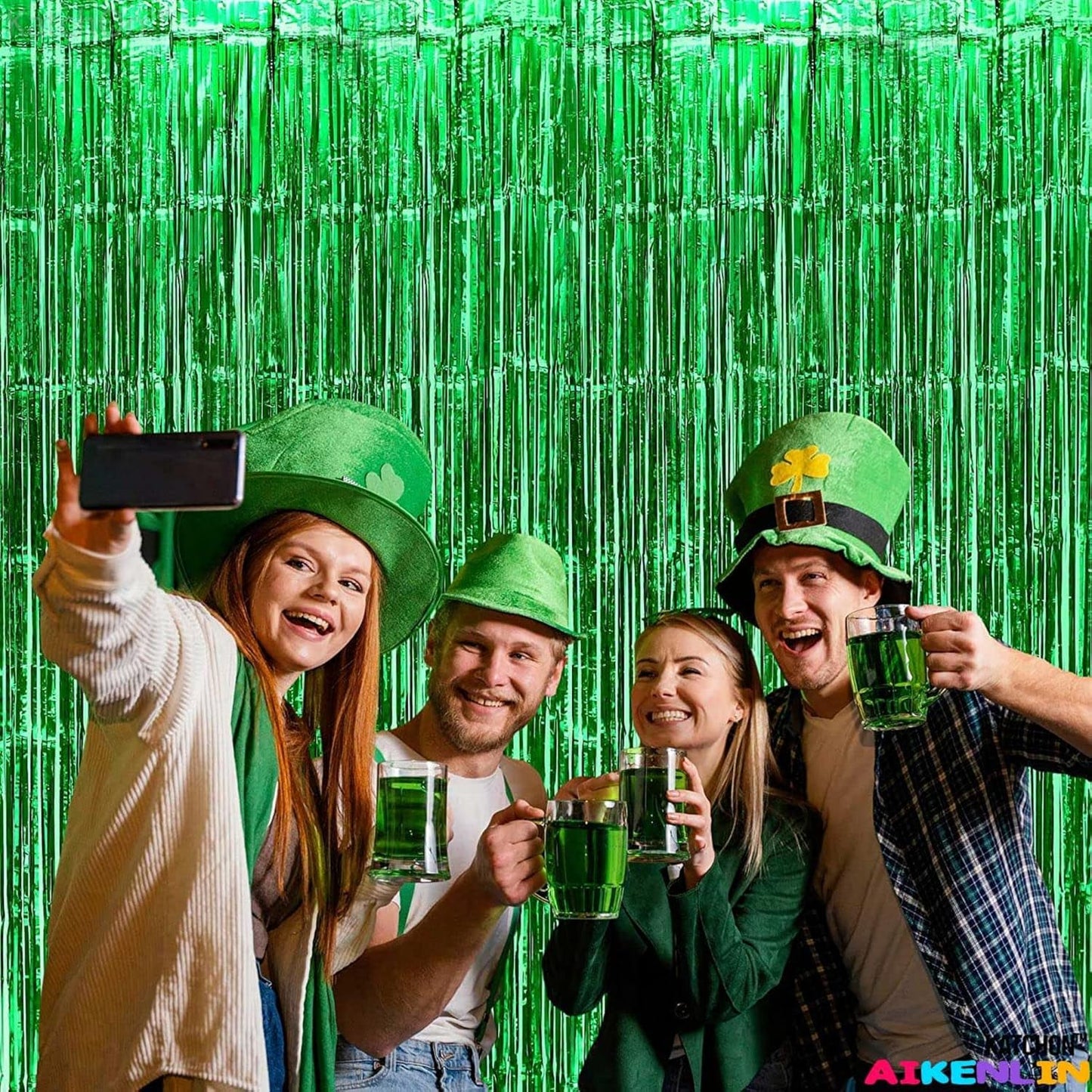 4 Pack 3.3Ft x 6.6Ft Green Foil Fringe Curtain Backdrop, Metallic Tinsel Foil Fringe Streamers Curtains Background for Photo Booth, Birthday, Wedding, Halloween, Christmas Party Decoration