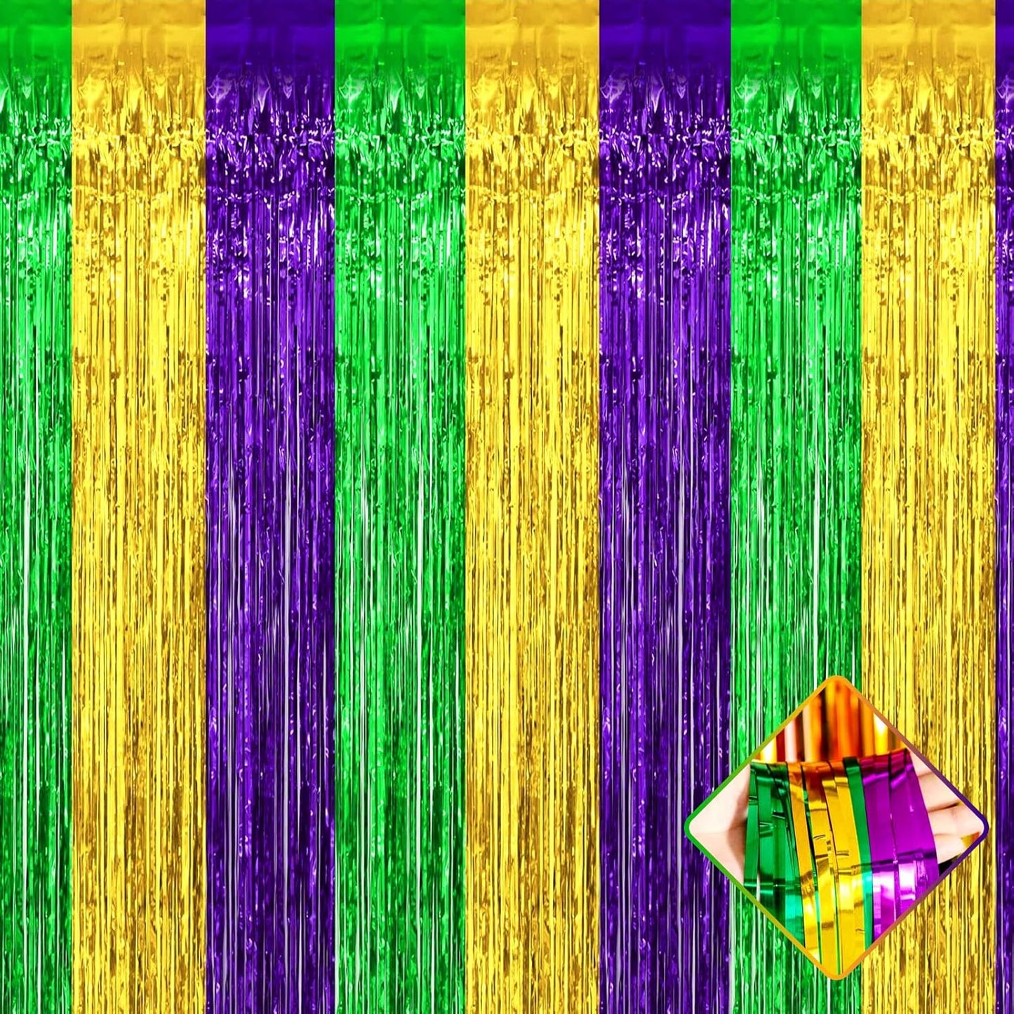 4 Pack 3.2Ft x 6.6Ft Mardi Gras Foil Fringe Curtain Backdrop, Gold Green Purple Metallic Tinsel Foil Fringe Streamers Curtains Background for Photo Booth, Birthday, Wedding, Carnival Party Decoration