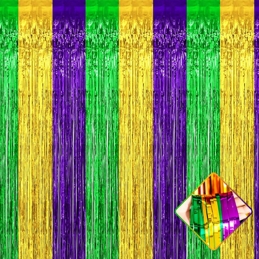 4 Pack 3.2Ft x 6.6Ft Mardi Gras Foil Fringe Curtain Backdrop, Gold Green Purple Metallic Tinsel Foil Fringe Streamers Curtains Background for Photo Booth, Birthday, Wedding, Carnival Party Decoration