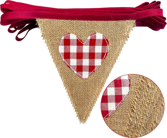 24Ft Valentine's Day Burlap Banner Red Heart Burlap Pennant Triangle Flag Garland Streamers Vintage Fireplace Wall Hanging for Valentines Wedding Birthday Anniversary Engagement Party Decorations