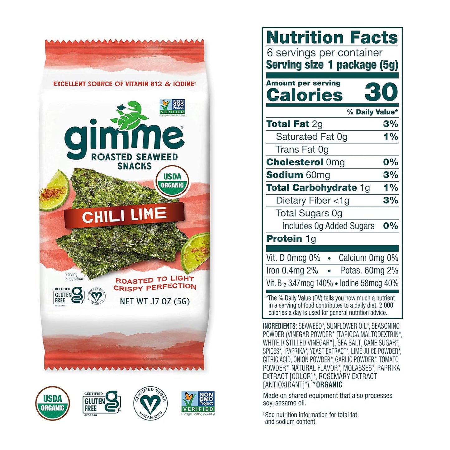 Gimme Seaweed Organic Premium Roasted Seaweed Snacks, Chili Lime, 6 Count, Keto, Vegan, Gluten-Free, Great Source of Omega3s and Iodine, Healthy On-The-Go Snack for Kids and Adults