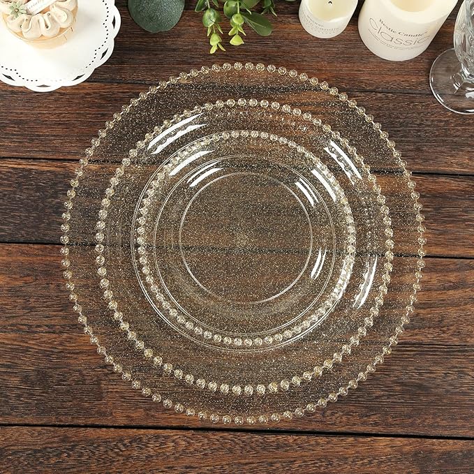 Efavormart 10-Pack Economy Plastic Charger Plates 13" Round Clear/Gold Glitter with Beaded Rim - Stylish Dinner Party Serving Plates