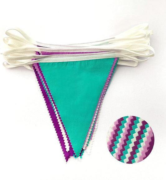 10M/32Ft Purple Aqua Blue and White Banner Decorations Triangle Flag Fabric Pennant Bunting Garland for Little Mermaid Theme Girls Birthday Wedding Bachelorette Baby Shower Under The Sea Party(36Pcs)