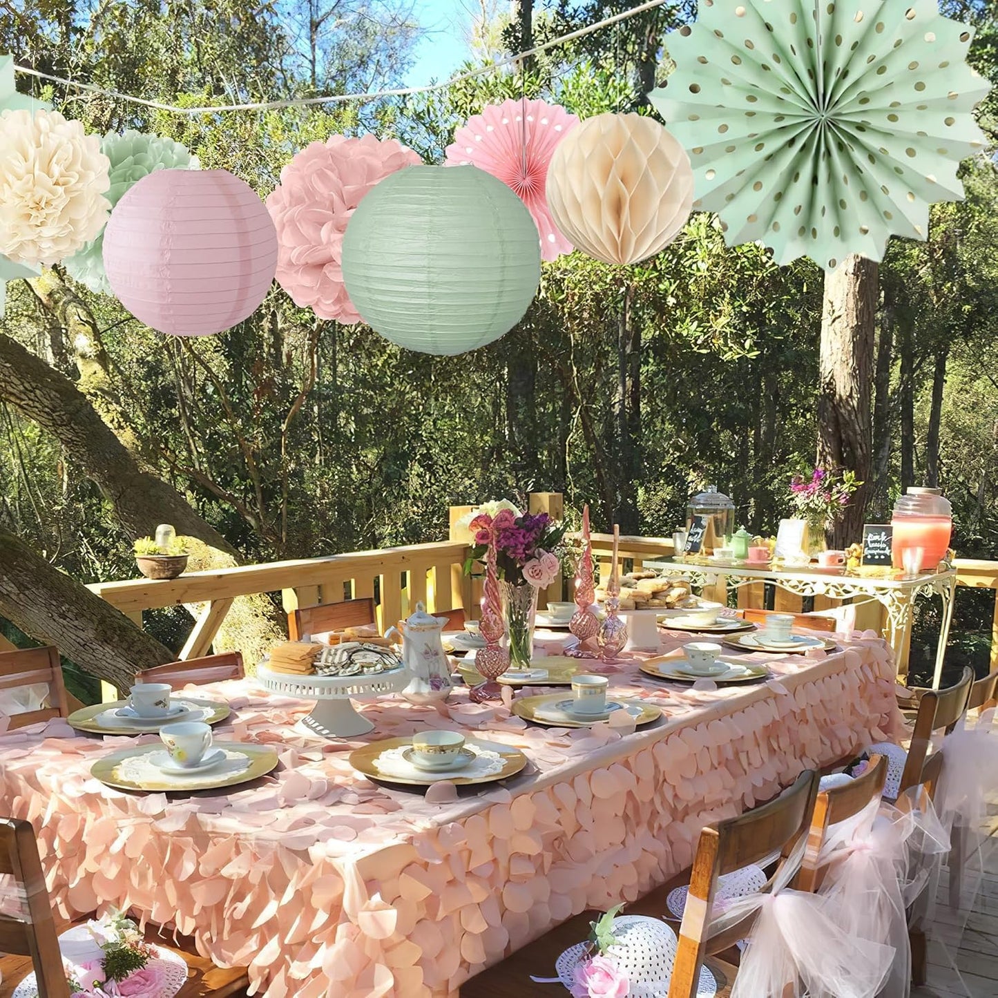 Sage Green and Pink Party Decorations Sage Green and Pink Paper Fans Paper Lanterns Pom Poms Flowers for Baby Shower Birthday Wedding Engagement Party