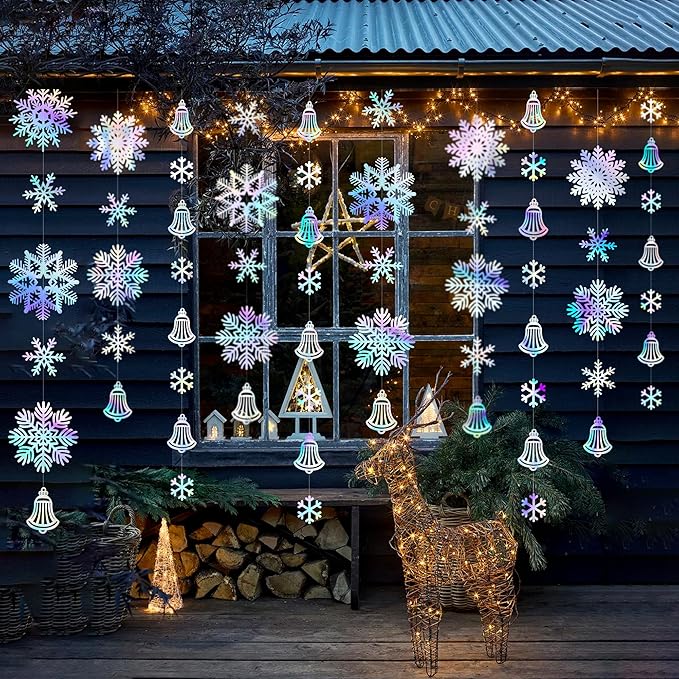 40 Ft Snowflakes Party Decorations Iridescent Snowflakes Bell Garland Holographic Big Snowflakes Hanging Streamer Backdrop for Winter Wonderland Christmas Holiday Birthday Home Window Wall Room Decor