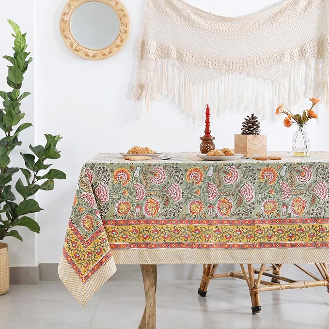 Labhanshi Indian Hand Block Print Rectangle Table Cloth for Kitchen Dining Table|Cotton Floral 8 Seater Picnic Camping Outdoor Table Cover|Spring Easter Decor 72X108 Inch|Burnt Orange