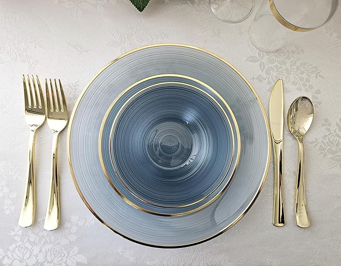 OCCASIONS 50 Plates (25 Guests) Blue and Gold Disposable Plastic Plate Set for Wedding Party - 25x10'' Dinner + 25x7'' Salad - Belize in Blue & Gold