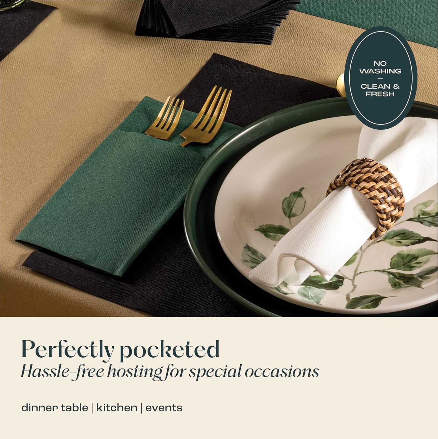 Disposable Linen-Feel Dinner Napkins With Built-in Flatware Pocket, 50-Pack CHAMPAGNE Prefolded Cloth Like Paper Napkins For Wedding, Dinner Or Party