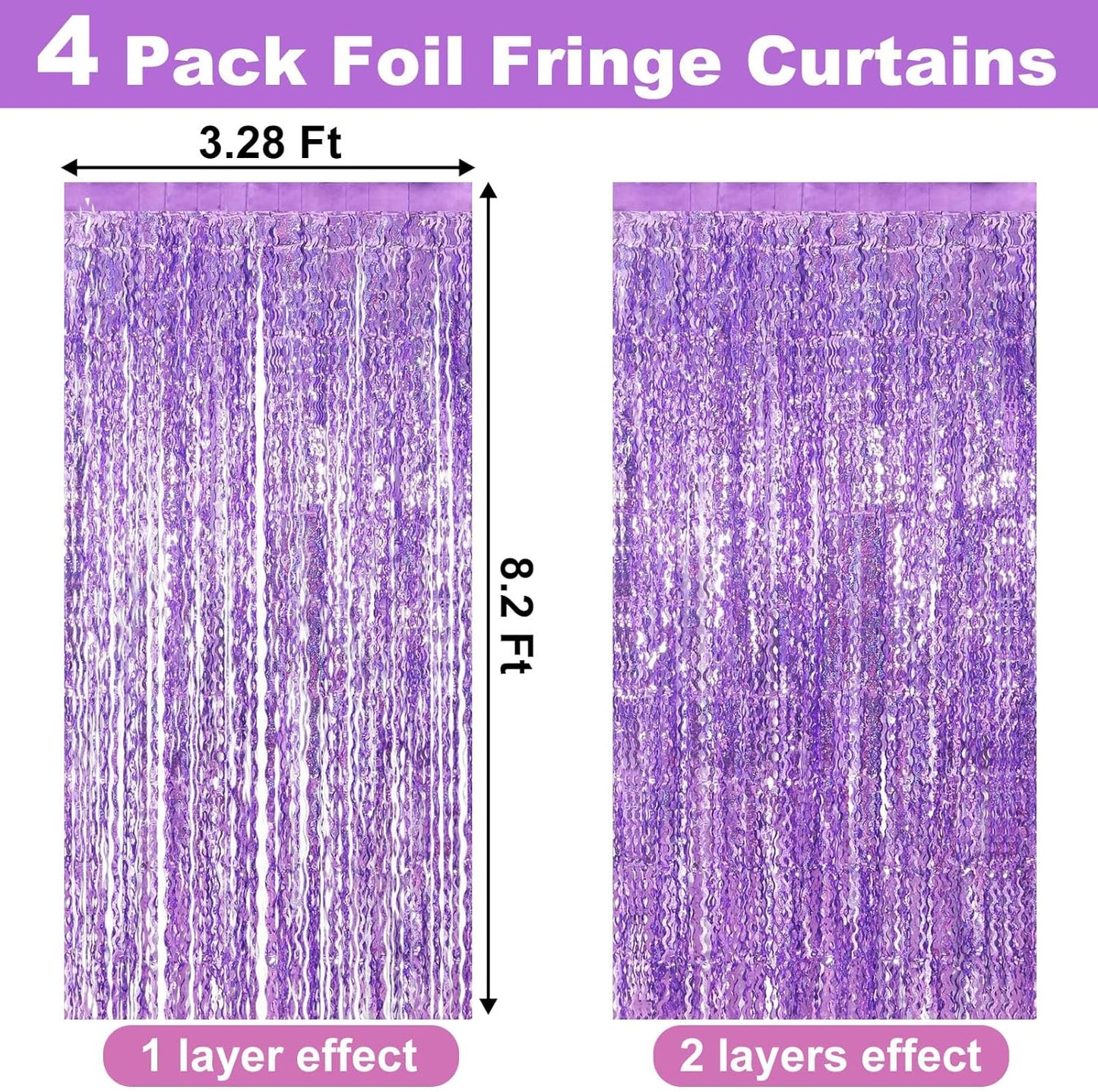 4 Pack Light Purple Fringe Curtain Backdrop 3.2Ft x 8.2Ft Metallic Tinsel Foil Fringe Streamers Background for Photo Booth, Easter, Mother's Day, Bachelorette, Wedding, Birthday Party Decoration