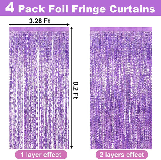 4 Pack Light Purple Fringe Curtain Backdrop 3.2Ft x 8.2Ft Metallic Tinsel Foil Fringe Streamers Background for Photo Booth, Easter, Mother's Day, Bachelorette, Wedding, Birthday Party Decoration