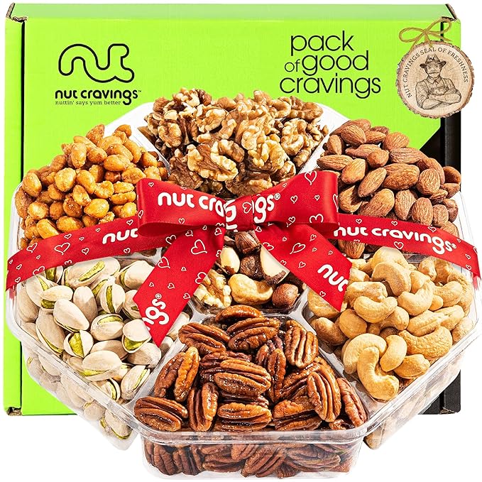 NUT CRAVINGS - Halloween Treats For Adults Mixed Nuts Gift Basket + Heart Ribbon (7 Assortments) Holiday Xmas Christmas Food Arrangement, Healthy Snack Care Package, Food Assortments